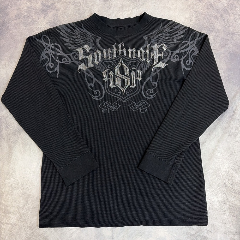 Y2K Southpole Thermal Shirt Mens L Black Waffle Knit Graphic Wing Embroidery